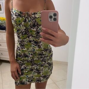 Shusha, tight mini body con dress, green and brown, floral print, small